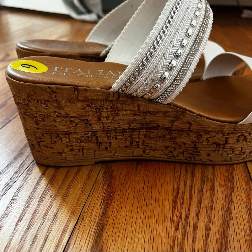 Italian Shoe Makers Silver Embellished Double Band Wedge Sandals Made In Italy 9